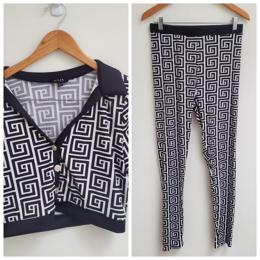 Julia By Love J Black and White Geometric Patterned Top Size XL Pants XL